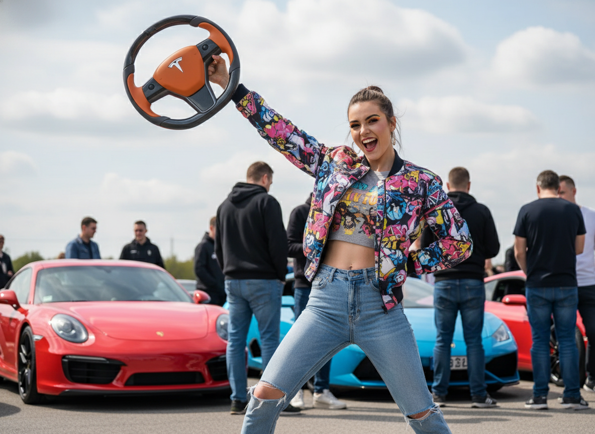 Orange and dark grey Carbon Fiber Tesla Model Y Steering Wheel-Track Master(2020-2024) Axeco