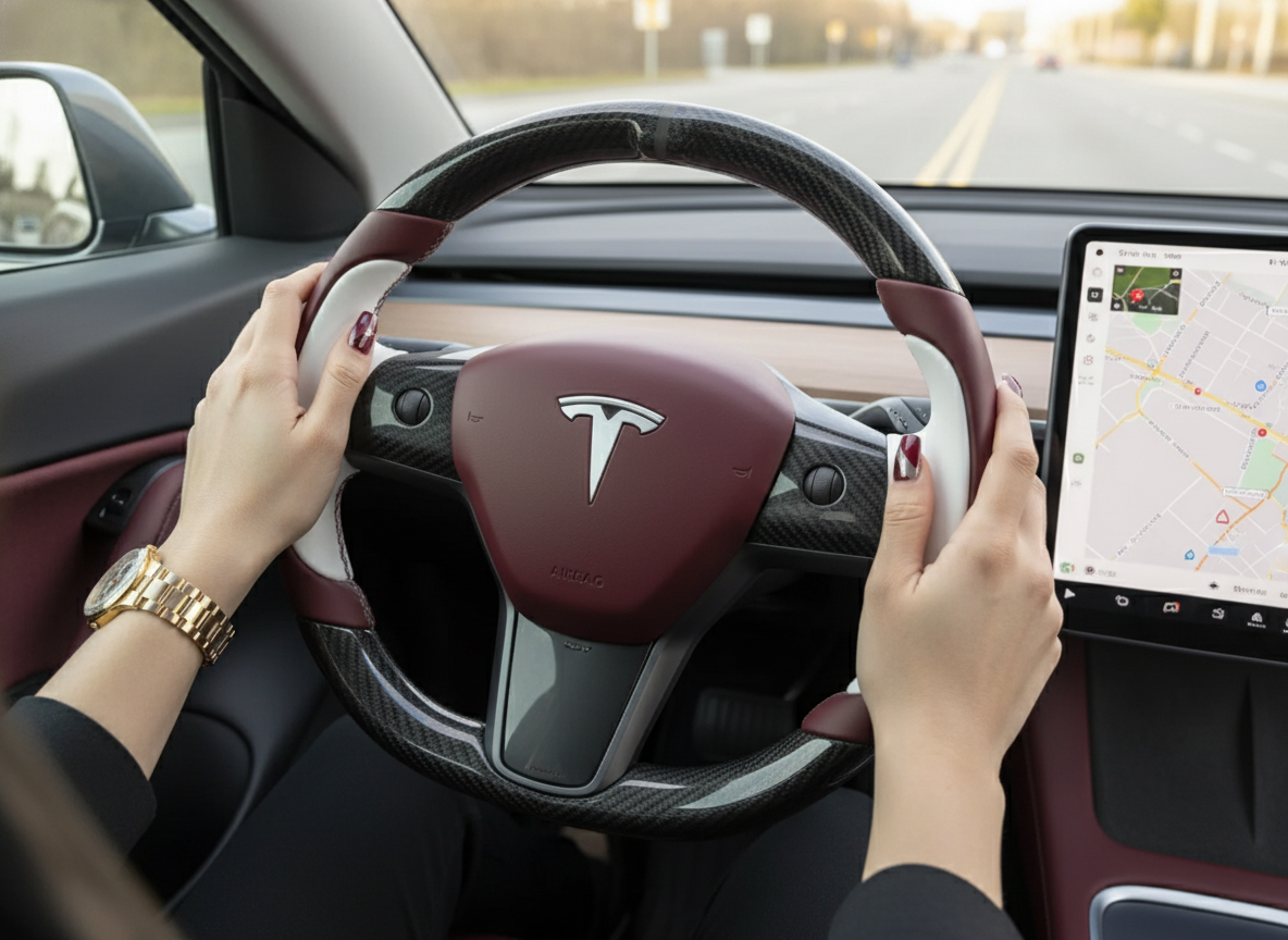 Wine red and white Carbon Fiber Tesla Model Y Steering Wheel-Track Master(2020-2024) Axeco