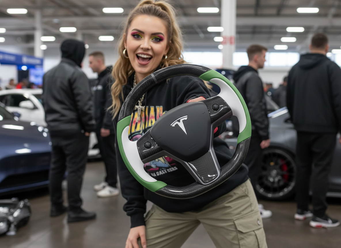 White-Green Tesla Model 3 Carbon Fiber Steering Wheel-Track Master(2017-2023.8) Axeco