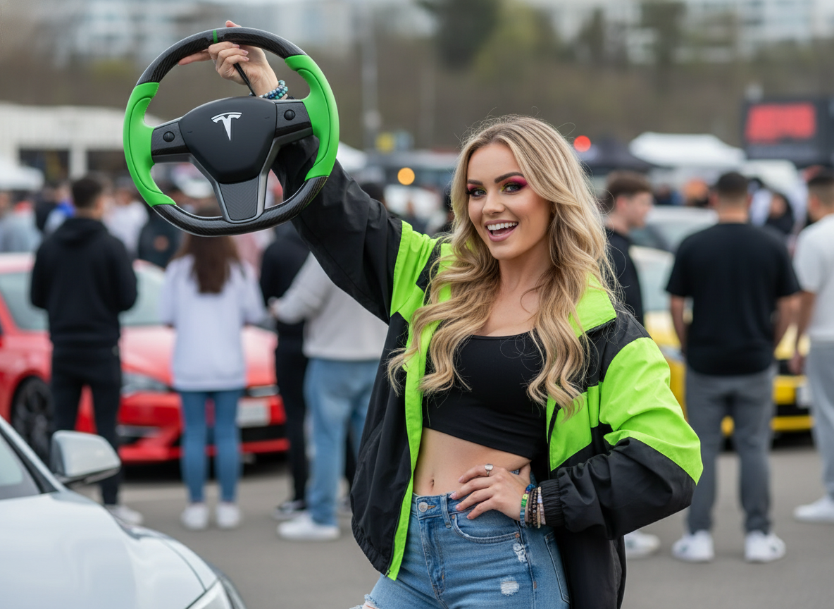 Green Leather Carbon Fiber Tesla Model 3 Steering Wheel - Track Master (2017-2023.8) Axeco