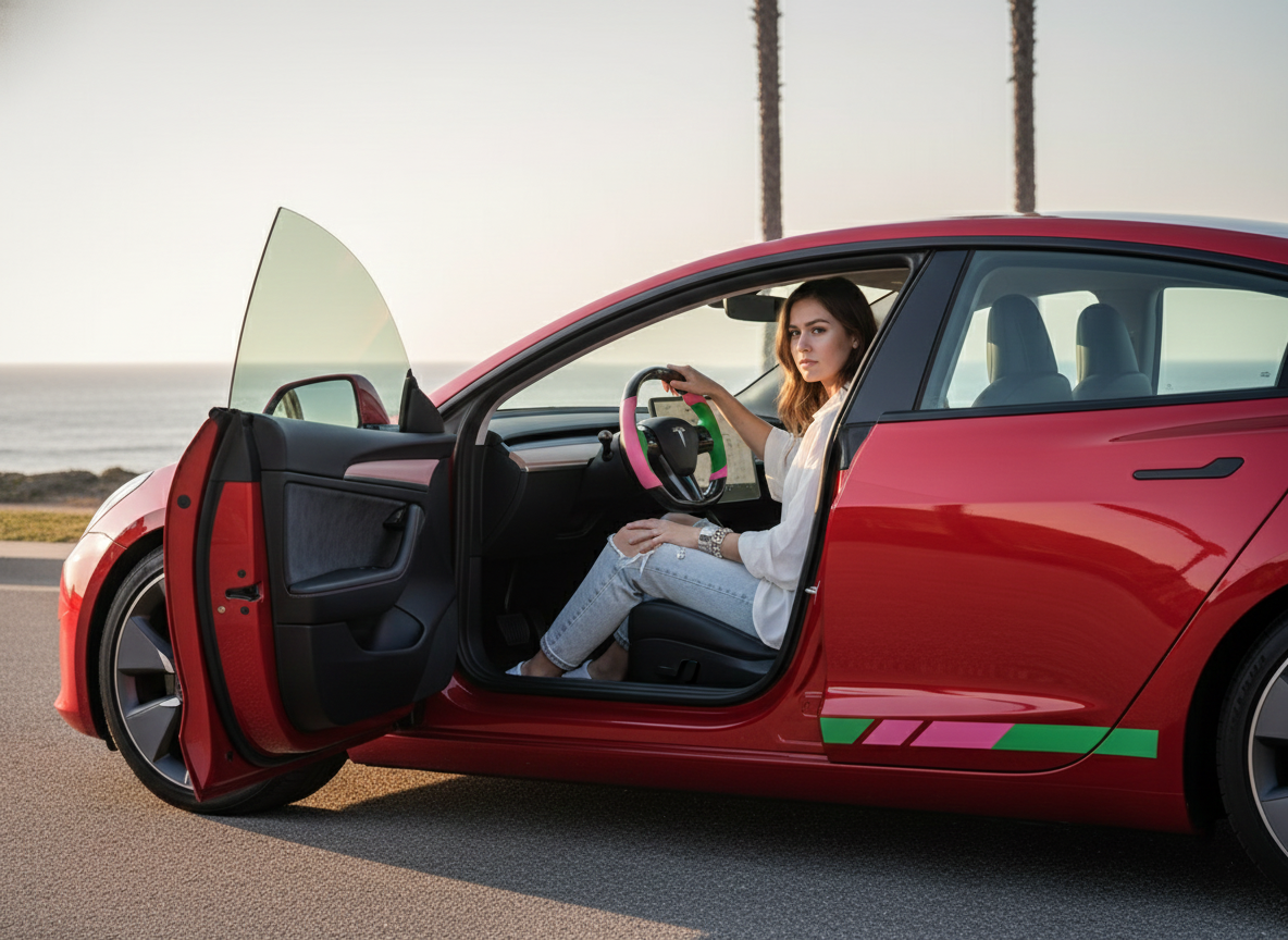 Soft pink and emerald green Carbon Fiber Tesla model 3 Steering Wheel -Track Master(2023.9+) Axeco