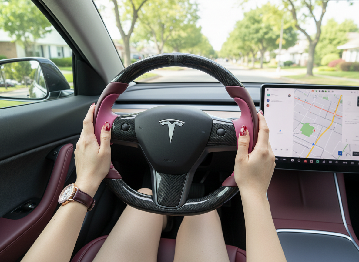 Wine red and pink Carbon Fiber Tesla Model Y Steering Wheel-Track Master(2020-2024) Axeco