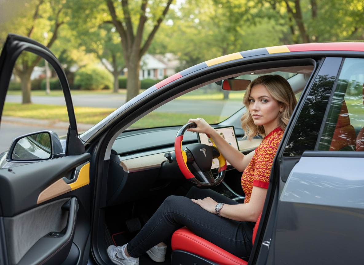 Bright red and bright yellow Carbon Fiber Tesla Model Y Steering Wheel-Track Master(2020-2024) Axeco