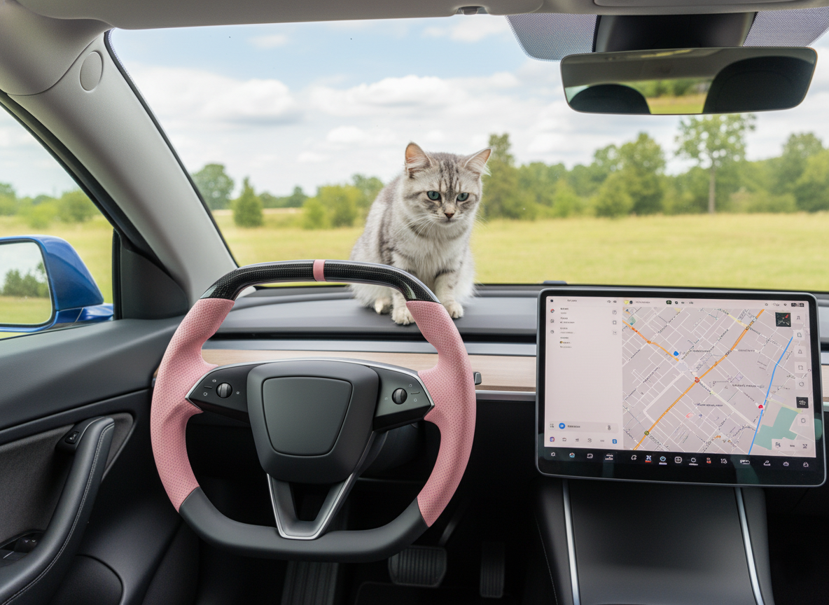 Pink Leather Carbon Fiber Customize Tesla Model Y Juniper Steering Wheel - Super Enhancer (2025+) Axeco