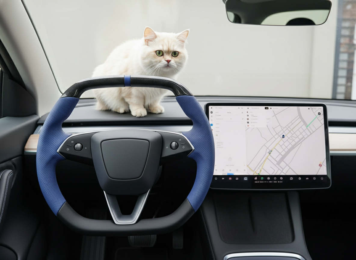 Navy blue Leather Carbon Fiber Customize Tesla Model Y Juniper Steering Wheel - Super Enhancer (2025+) Axeco