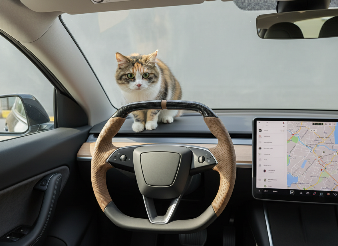 Brown Leather Carbon Fiber Customize Tesla Model Y Juniper Steering Wheel - Super Enhancer (2025+) Axeco