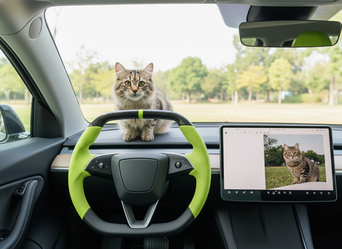 Fluorescent green Leather Carbon Fiber Customize Tesla Model Y Juniper Steering Wheel - Super Enhancer (2025+) Axeco
