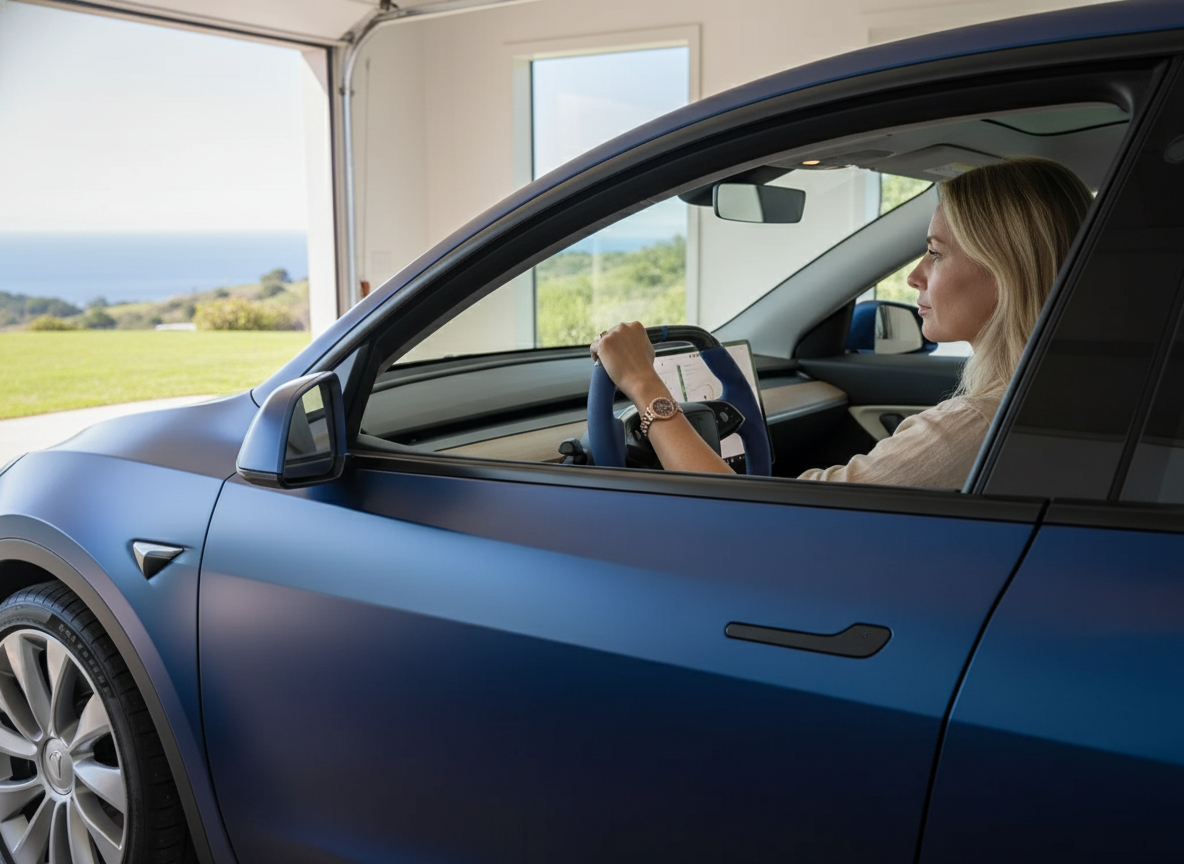 Navy blue Leather Carbon Fiber Customize Tesla Model Y Juniper Steering Wheel - Super Enhancer (2025+) Axeco