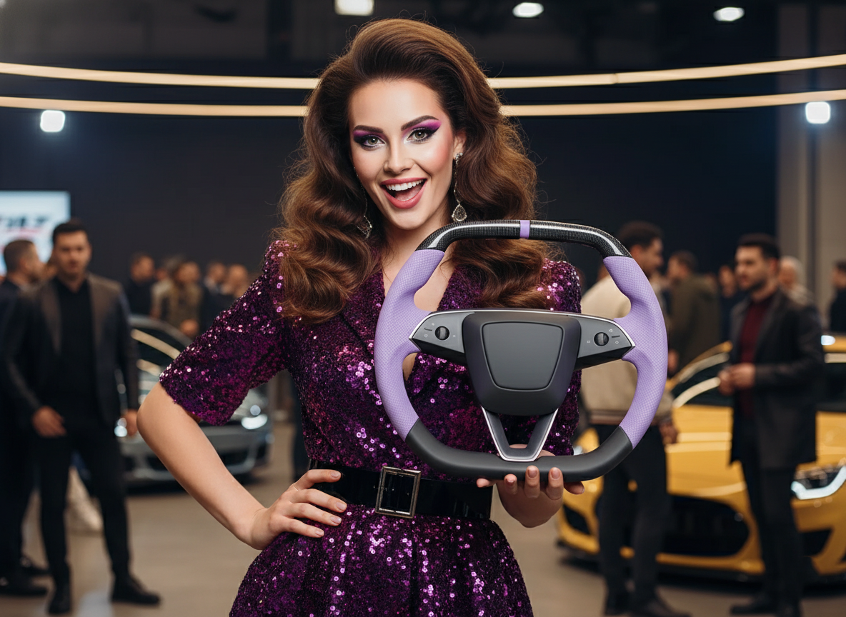 Light purple Leather Carbon Fiber Customize Tesla Model Y Juniper Steering Wheel - Super Enhancer (2025+) Axeco