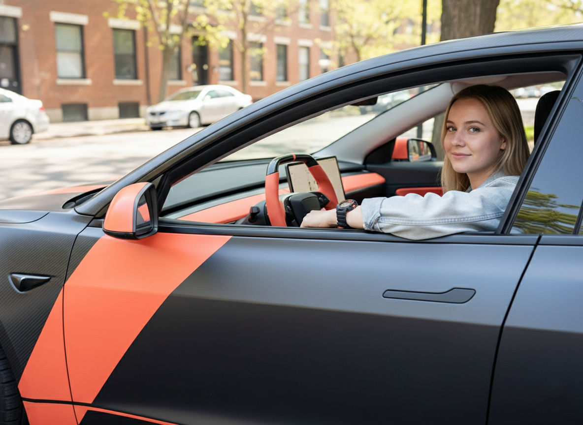 Warm orange Leather Carbon Fiber Customize Tesla Model Y Juniper Steering Wheel - Super Enhancer (2025+) Axeco