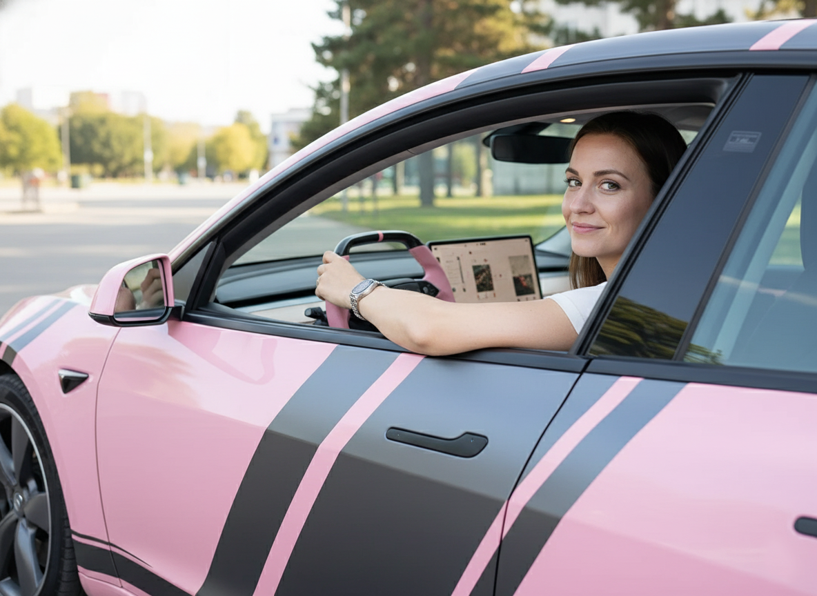 Pink Leather Carbon Fiber Customize Tesla Model Y Juniper Steering Wheel - Super Enhancer (2025+) Axeco