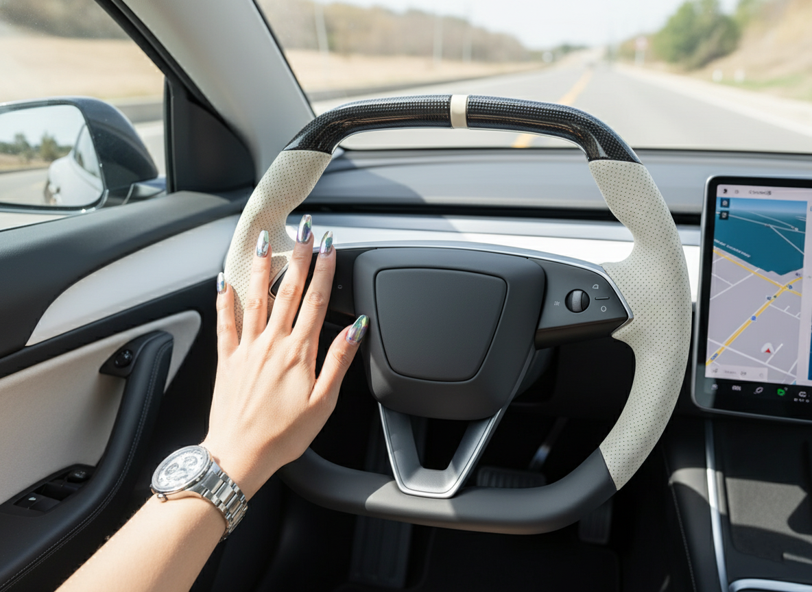 Milky white Leather Carbon Fiber Customize Tesla Model Y Juniper Steering Wheel - Super Enhancer (2025+) Axeco