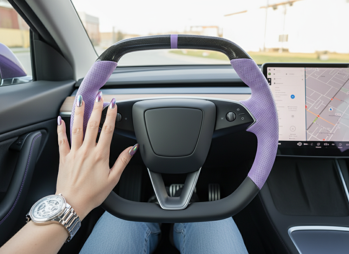 Light purple Leather Carbon Fiber Customize Tesla Model Y Juniper Steering Wheel - Super Enhancer (2025+) Axeco