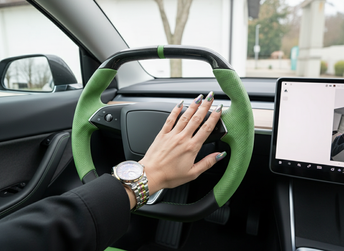 Forest Green Leather Carbon Fiber Customize Tesla Model Y Juniper Steering Wheel - Super Enhancer (2025+) Axeco