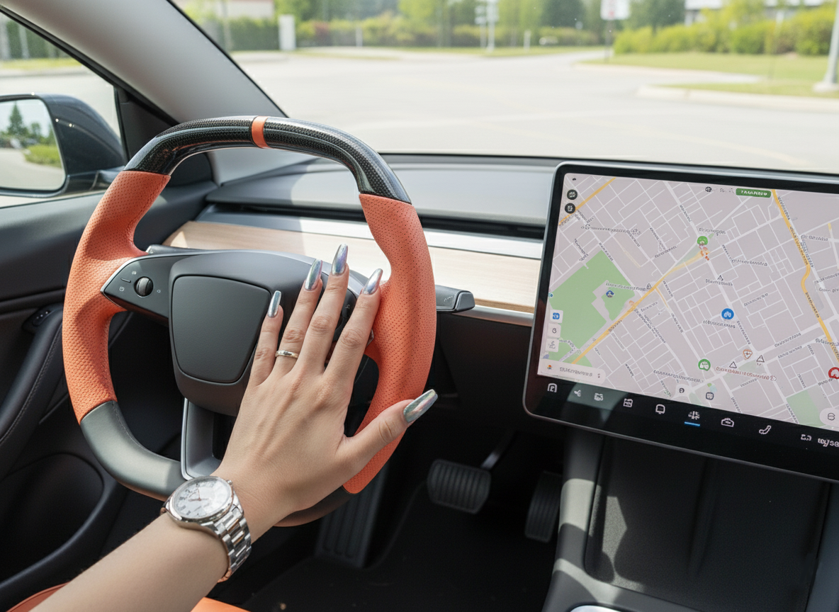 Warm orange Leather Carbon Fiber Customize Tesla Model Y Juniper Steering Wheel - Super Enhancer (2025+) Axeco