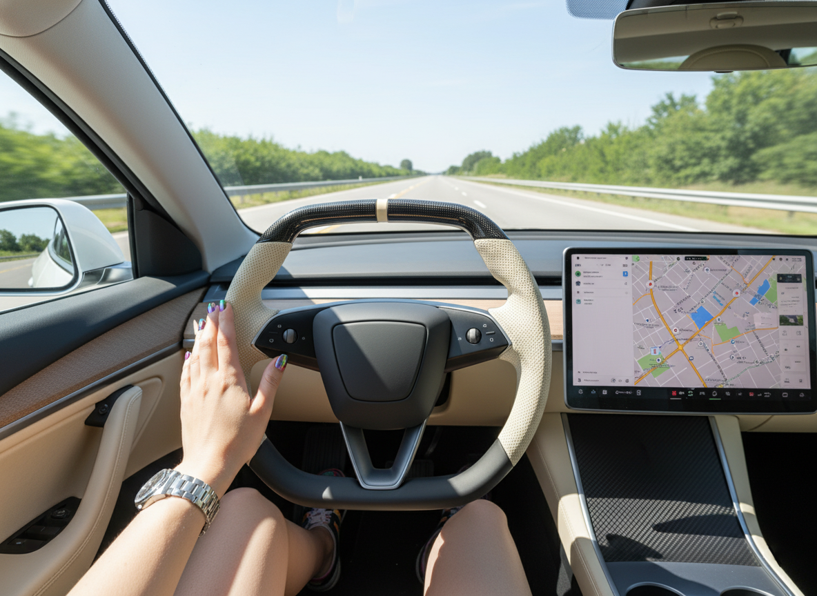 Milky white Leather Carbon Fiber Customize Tesla Model Y Juniper Steering Wheel - Super Enhancer (2025+) Axeco