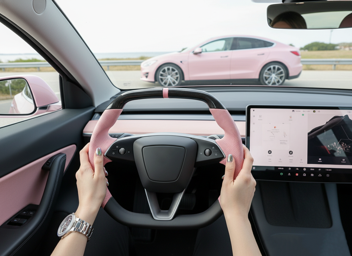 Pink Leather Carbon Fiber Customize Tesla Model Y Juniper Steering Wheel - Super Enhancer (2025+) Axeco