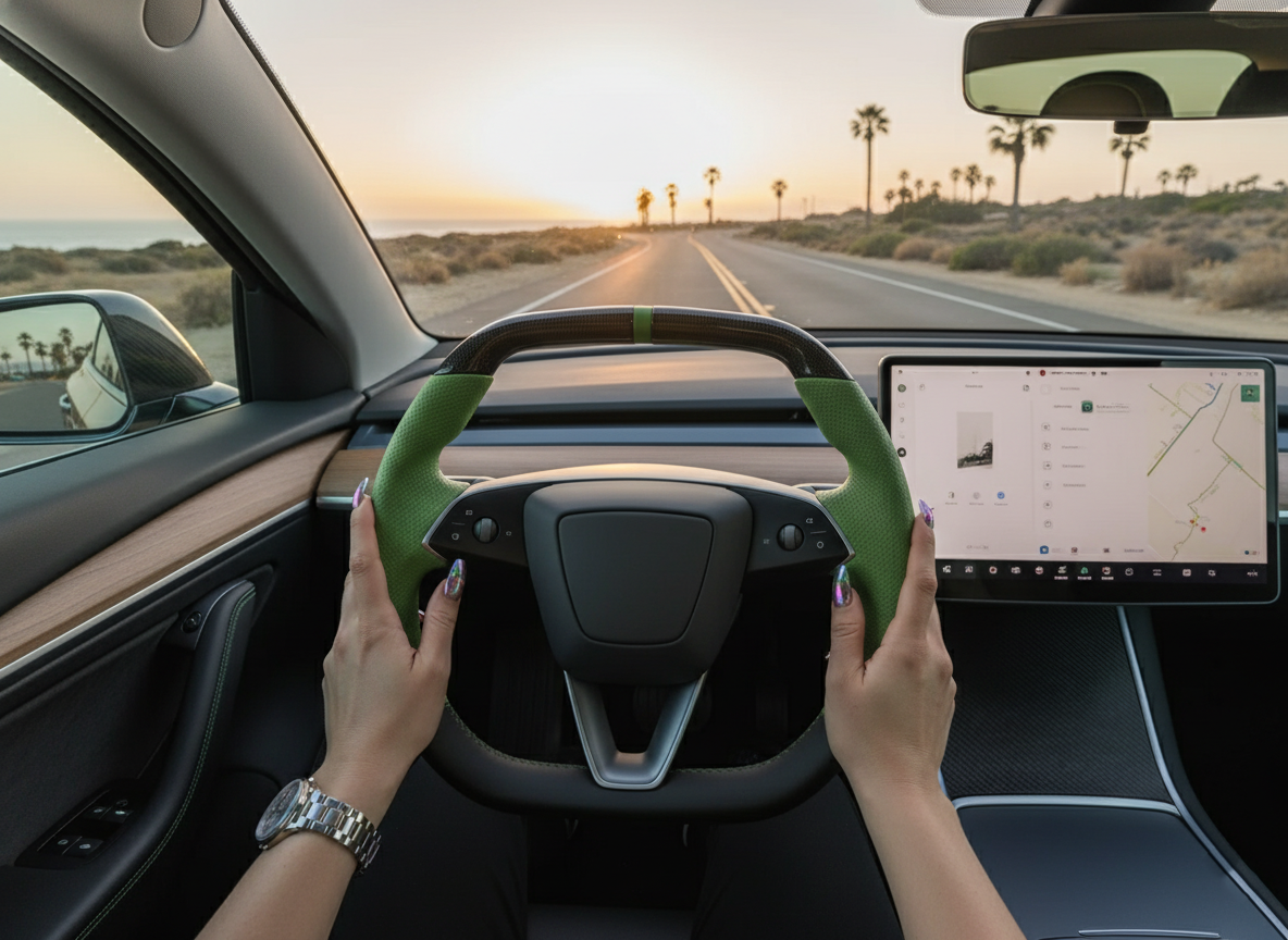 Forest Green Leather Carbon Fiber Customize Tesla Model Y Juniper Steering Wheel - Super Enhancer (2025+) Axeco