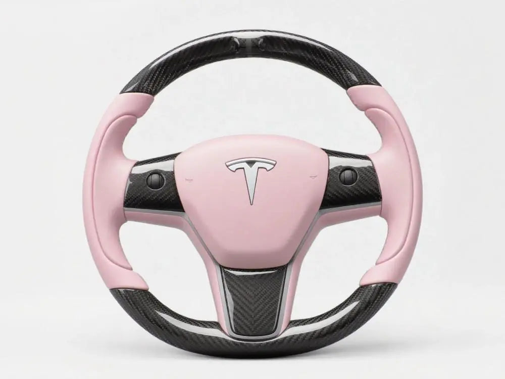 Light-Cherry-Pink-and-Carbon-Fiber-Tesla-Steering-Wheel-Track-Master Axeco