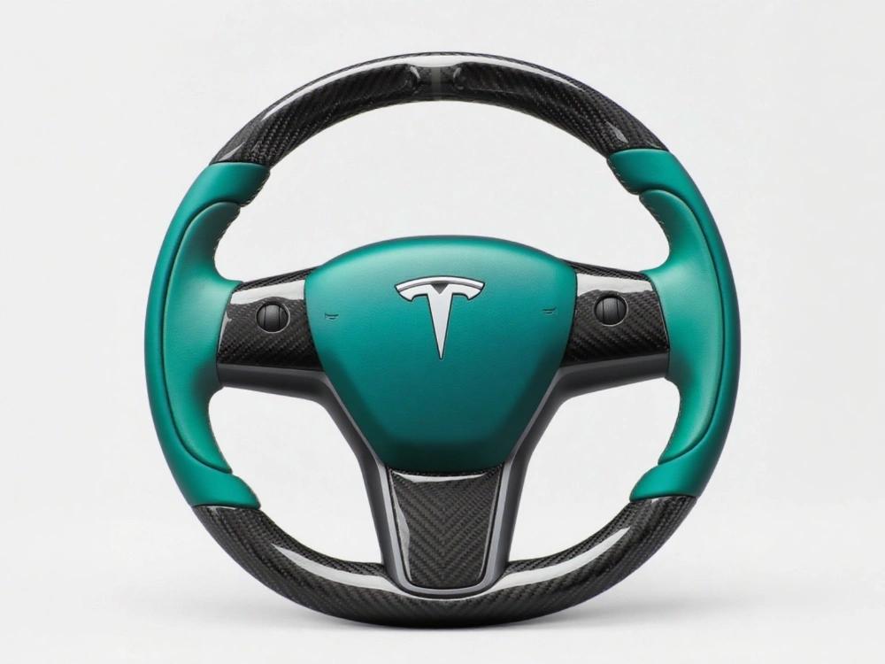 Tesla Steering Wheel  Outline a Luxury Driving Scene with Carbon - fiber Dark Green - Axeco