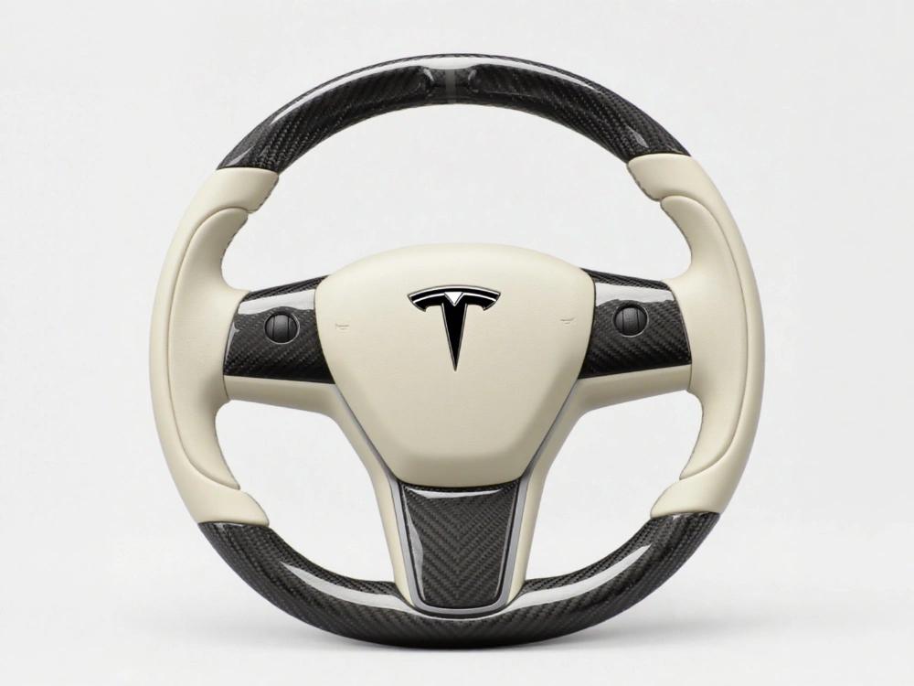 Tesla Steering Wheel with Carbon   fiber Beige, Enjoying Fresh Driving Moments - Axeco