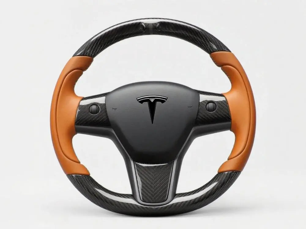 Tesla-Steering-Wheel-with-Carbon-fiber-Brown-Orange-Easily-Creating-a-Retro-Driving-Style Axeco