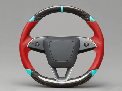 red and blue Carbon Fiber Customize Tesla Model Y Juniper Steering Wheel - DYNA (2025+) Axeco