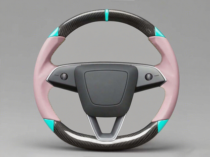Pink and blue Carbon Fiber Customize Tesla Model Y Juniper Steering Wheel - DYNA (2025+) Axeco