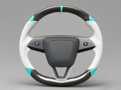 White and blue Carbon Fiber Customize Tesla Model Y Juniper Steering Wheel - DYNA (2025+) Axeco