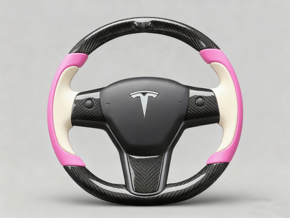 Bright pink and warm white Carbon Fiber Tesla Model Y Steering Wheel-Track Master(2020-2024) Axeco