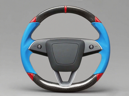 Blue and Red Carbon Fiber Tesla Model 3 Highland Custom Steering Wheel -DYNA(2023.9) Axeco