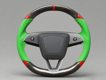 Green and red Carbon Fiber Tesla Model 3 Highland Custom Steering Wheel -DYNA(2023.9) Axeco