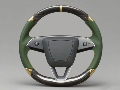 Dark green and gold leather black carbon fiber Tesla Model Y steering wheel - DYNA (2020-2024) Axeco