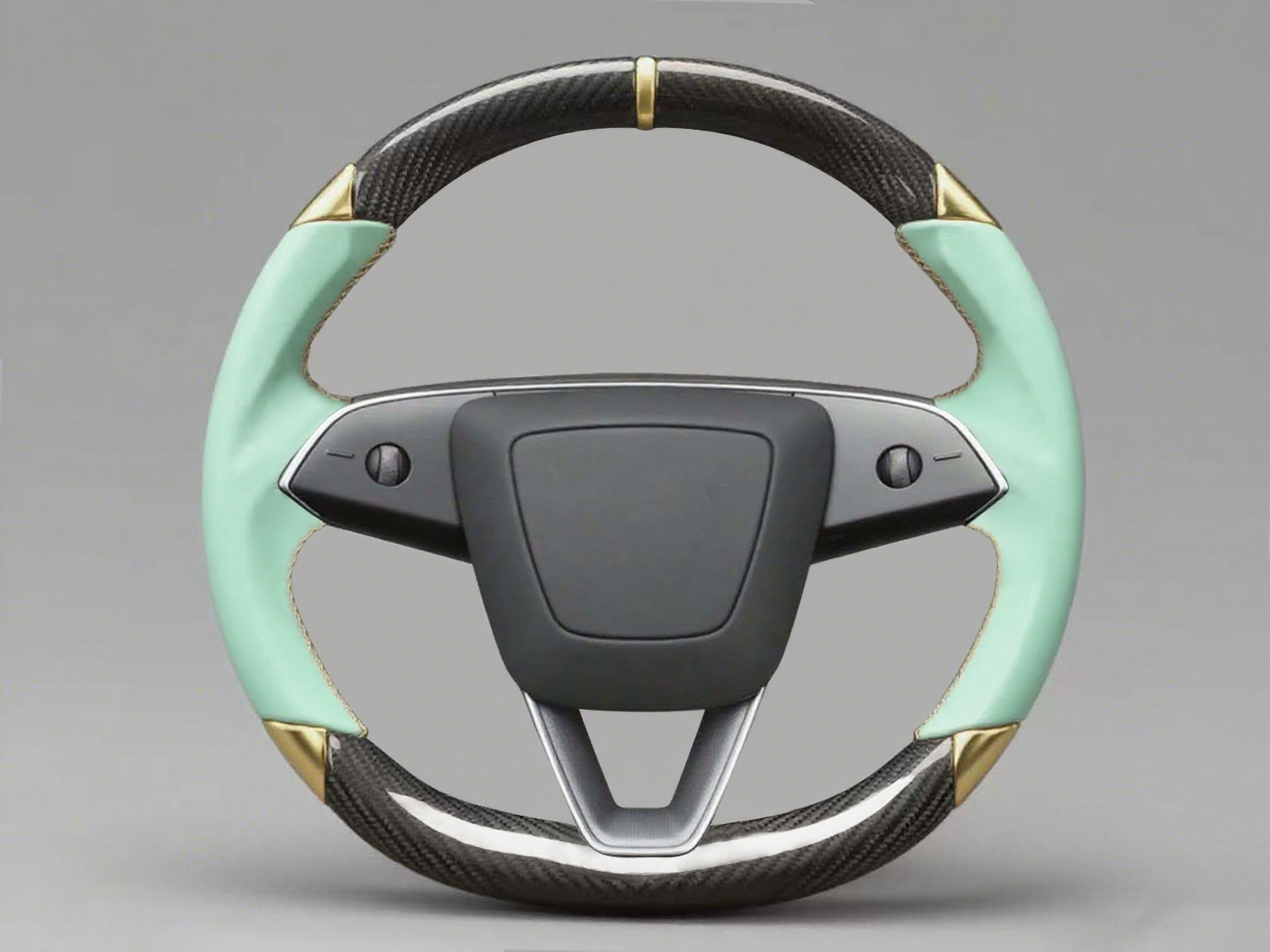 Mint green and gold Leather Carbon Fiber Customize Tesla Model Y Juniper Steering Wheel - DYNA (2025+) Axeco