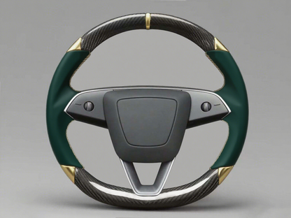 Dark green and gold leather black carbon fiber Tesla Model Y steering wheel - DYNA (2020-2024) Axeco