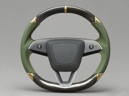 Army green and gold leather black carbon fiber Tesla Model Y steering wheel - DYNA (2020-2024) Axeco