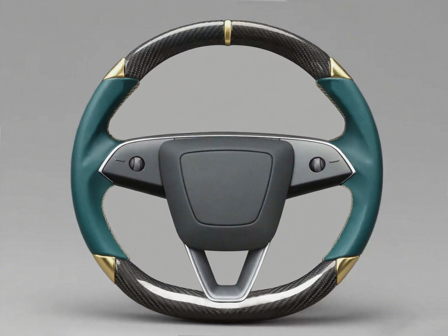 Dark green and gold Leather Carbon Fiber Customize Tesla Model Y Juniper Steering Wheel - DYNA (2025+) Axeco