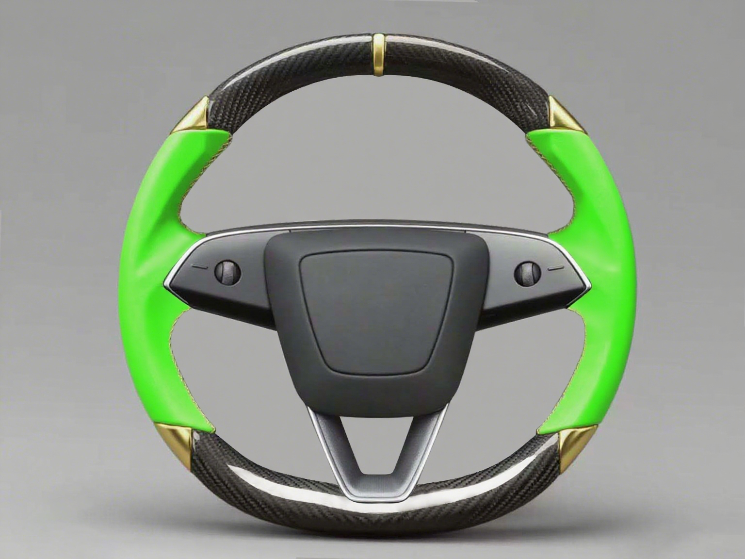 Green and gold Leather Carbon Fiber Customize Tesla Model Y Juniper Steering Wheel - DYNA (2025+) Axeco