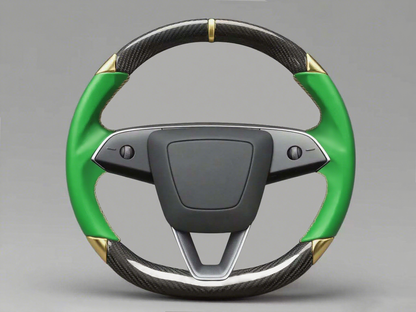 Green and gold leather black carbon fiber Tesla Model Y steering wheel - DYNA (2020-2024) Axeco