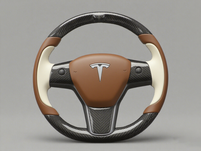 Brown and off-white Carbon Fiber Tesla Model Y Steering Wheel-Track Master(2020-2024) Axeco
