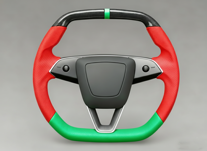 Green and Red Leather Carbon Fiber Customize Tesla model 3 highland Steering Wheel - Super Enhancer(2023.9+) Axeco
