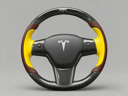 Yellow and brown Carbon Fiber Tesla Model Y Steering Wheel-Track Master(2020-2024) Axeco