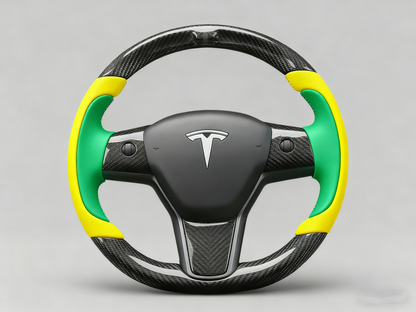 Bright yellow and emerald green Carbon Fiber Tesla Model Y Steering Wheel-Track Master(2020-2024) Axeco