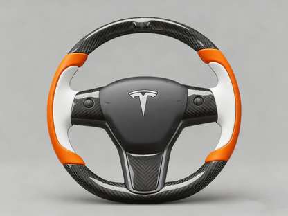 Orange and white Carbon Fiber Tesla Model Y Steering Wheel-Track Master(2020-2024) Axeco