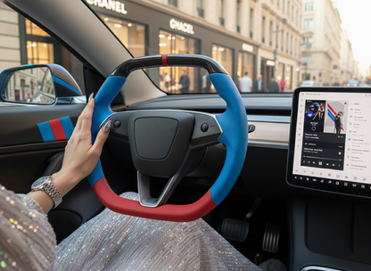 Blue and Red Leather Carbon Fiber Customize Tesla model 3 highland Steering Wheel - Super Enhancer(2023.9+) Axeco