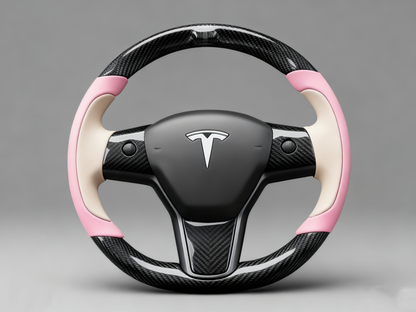 Soft pink and warm brown Carbon Fiber Tesla model 3 Steering Wheel -Track Master(2023.9+) Axeco
