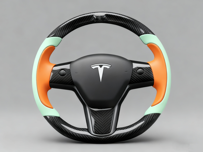 Bright orange and mint green Carbon Fiber Tesla Model Y Steering Wheel-Track Master(2020-2024) Axeco