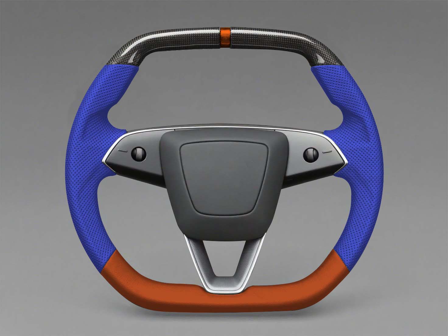 Blue and orange Leather Carbon Fiber Customize Tesla mode 3 highland Steering Wheel - Super Enhancer(2023.9+) Axeco