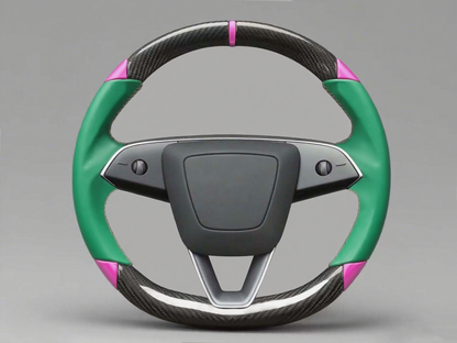 Emerald and pink Leather Carbon Fiber Customize Tesla Model Y Juniper Steering Wheel - DYNA (2025+) Axeco