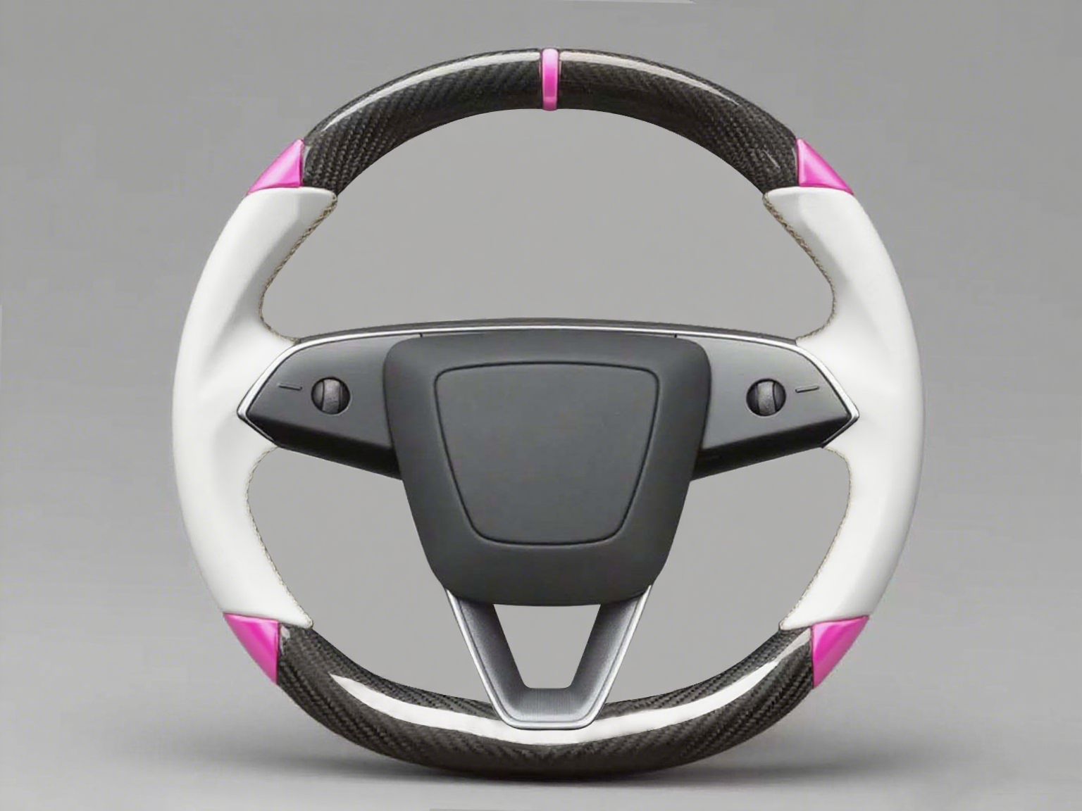 White and pink Leather Carbon Fiber Customize Tesla Model Y Juniper Steering Wheel - DYNA (2025+) Axeco